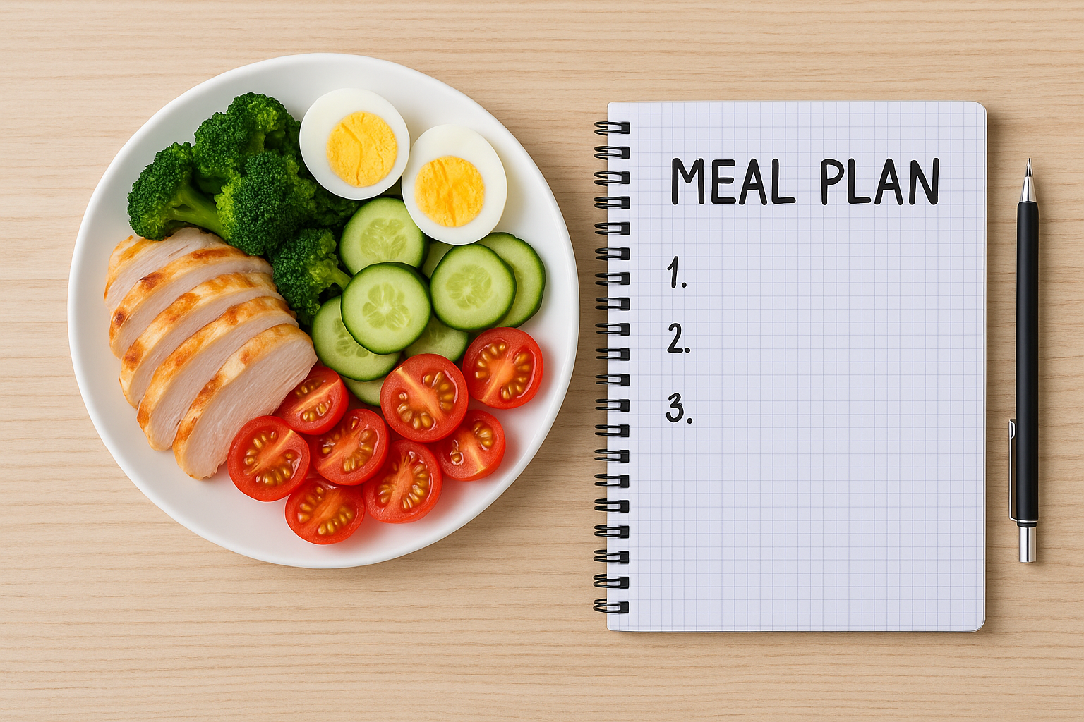 Gezonde maaltijd met kip, groenten en eieren naast een notitieboek met maaltijdplan Gezonde maaltijd met kip, groenten en eieren naast een notitieboek met maaltijdplan