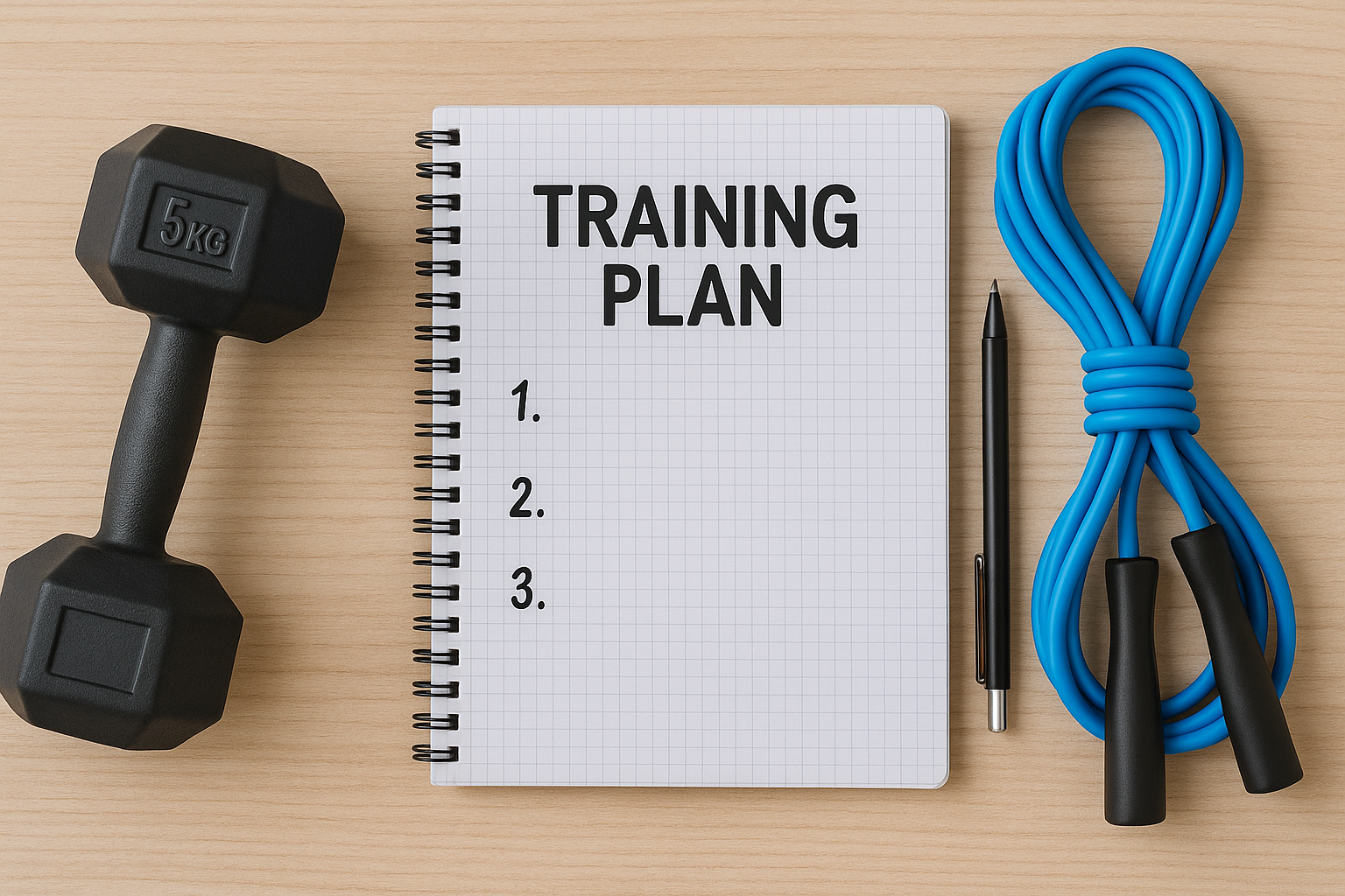 Trainingsplan met dumbbell, springtouw en pen op houten ondergrond Trainingsplan met dumbbell, springtouw en pen op houten ondergrond